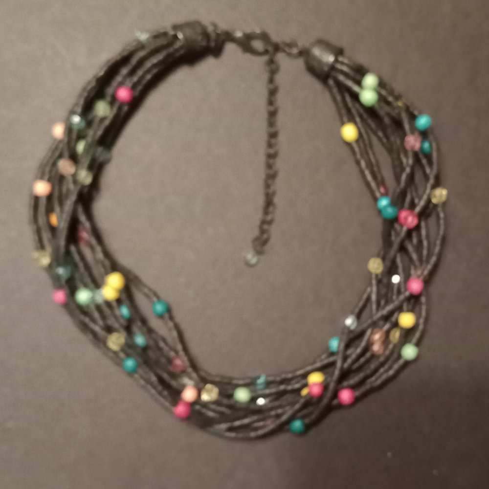 Chicos Gunmetal Tone Black Beads w/ Multi Color Beads Multi Strands Necklace